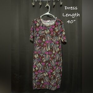 LuLaRoe Julia Dress, Size Large, Black With Purple, Cream, Blue And Red Flowers